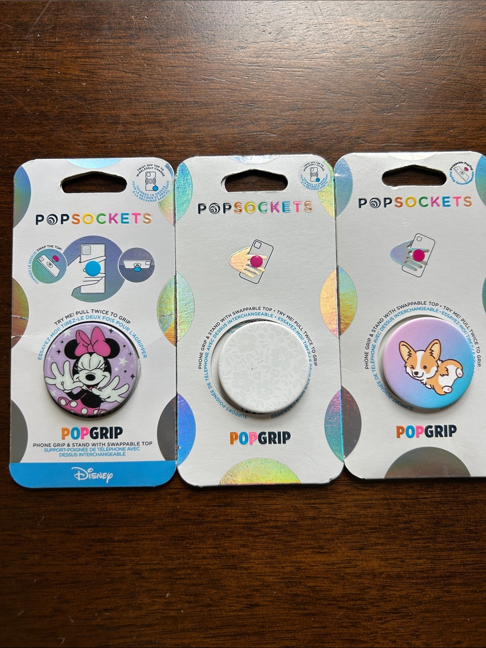 PopSocket PopGrip Trio — Pink Minnie, White Textured, Blue Corgi Designs